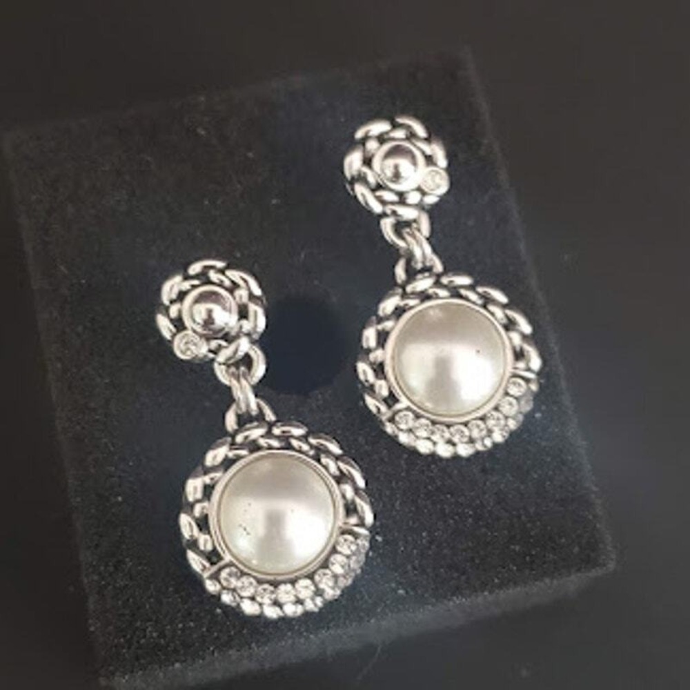 Swarovski Crystal‎ and Faux Pearl Dangle Earrings Pierced Rhodium Plated Signed